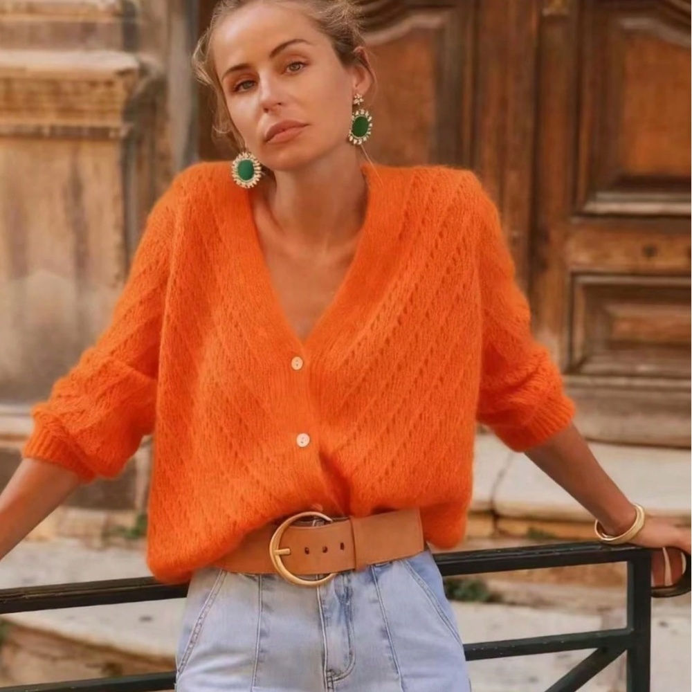 V-Cut Buttoned Down Orange Knit Cardigan Textured, Long Sleeve